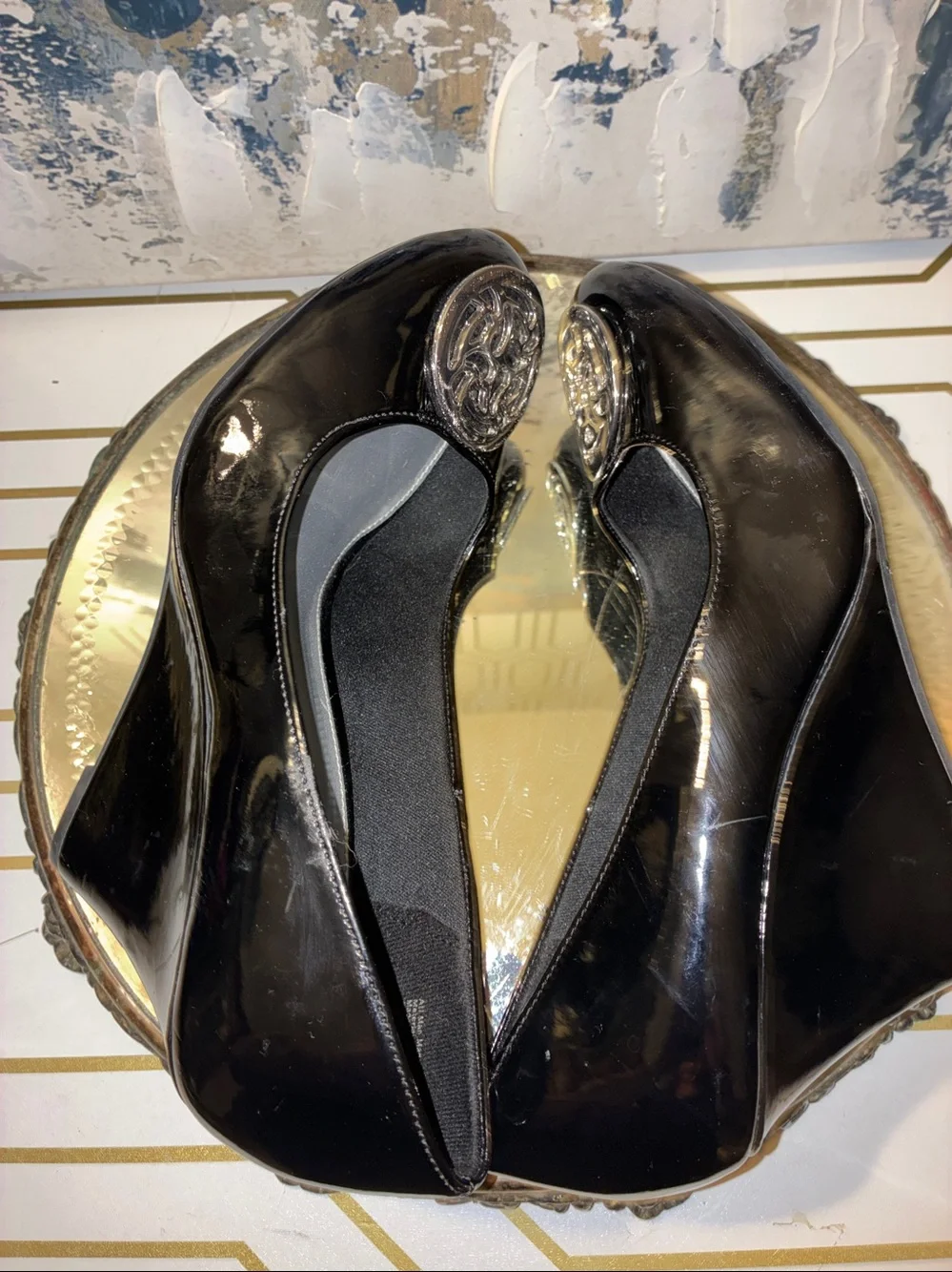 Genuine Fioni Black Patent Wedge Pumps with Silver Medallion Size 6.5